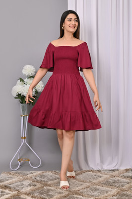 VYMO Women Fit and Flare Maroon Above Knee/Mid Thigh Length Dress