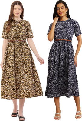 Mamnoon Women Fit and Flare Dark Blue, Brown Midi/Calf Length Dress