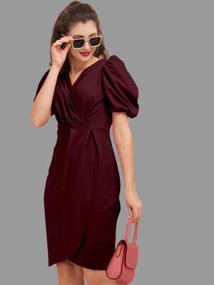 LADY SHOPI Women Wrap Maroon Above Knee/Mid Thigh Length Dress
