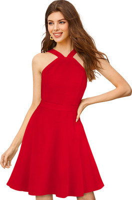 SHREE KSHETRAPAL CREATION Women Fit and Flare Red Above Knee/Mid Thigh Length Dress