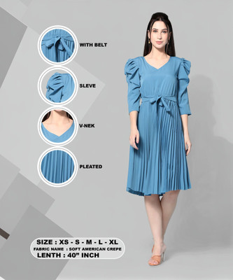 Lnfashionn Women Fit and Flare Light Blue Knee Length Dress