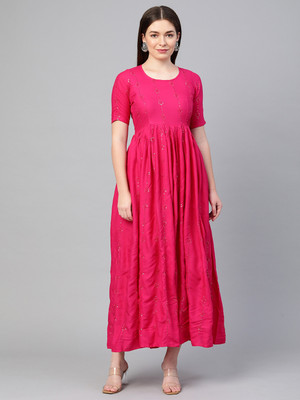 Swishchick Women Fit and Flare Pink Maxi/Full Length Dress