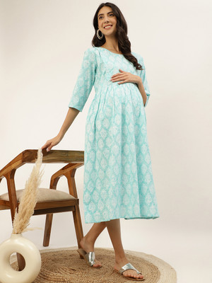 Negen Women Gathered Light Blue Midi/Calf Length Dress