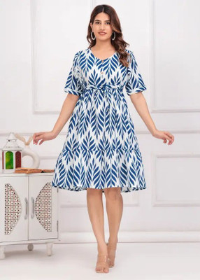 Fashion2wear Women A-line Blue, White Knee Length Dress