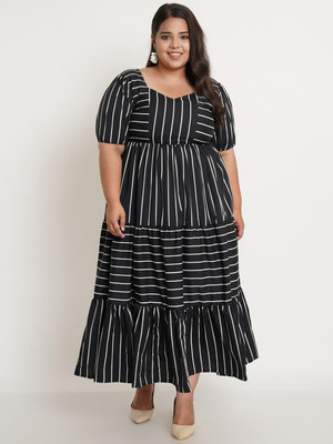 U&F Women Fit and Flare Black, White Maxi/Full Length Dress