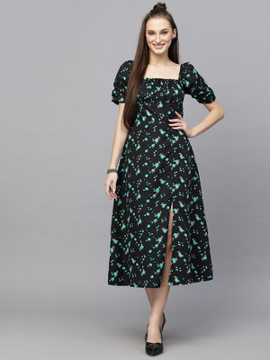 AAYU Women A-line Black, Green Midi/Calf Length Dress