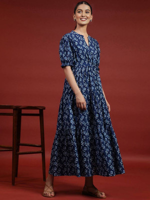 Presha Women Fit and Flare Blue Midi/Calf Length Dress