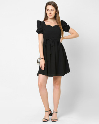Tylaent Women A-line Black Midi/Calf Length Dress