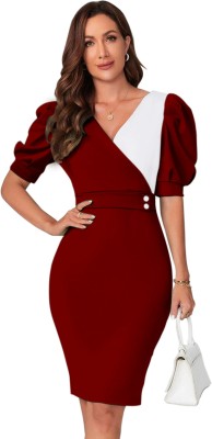 Fedilla Women Bodycon Maroon, White Dress