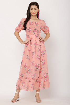 REESE Women Fit and Flare Pink Maxi/Full Length Dress