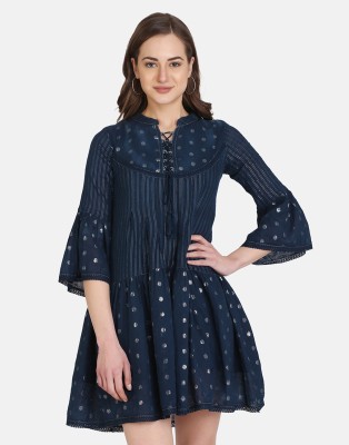 Fourleaf Women A-line Dark Blue, Silver Dress