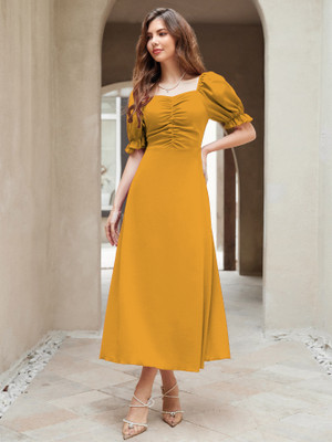 Sugathari Women A-line Yellow Midi/Calf Length Dress