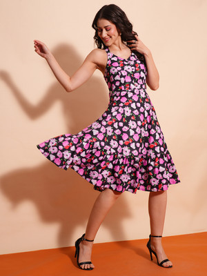Globus Women Fit and Flare Black, Pink, Red Midi/Calf Length Dress