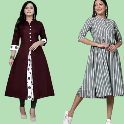 Texpamz Women Striped A-line Kurta(Red, Grey)