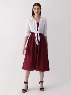 METRONAUT Women Fit and Flare White, Maroon Midi/Calf Length Dress