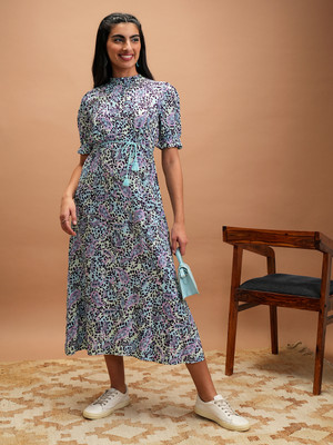 Vishudh Women Fit and Flare Multicolor Midi/Calf Length Dress