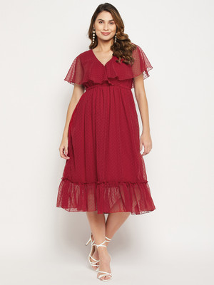 BITTERLIME Women Fit and Flare Maroon Midi/Calf Length Dress