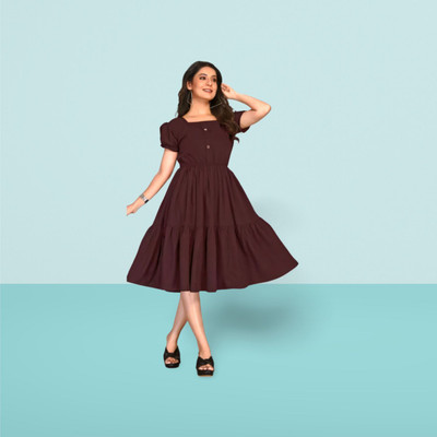 HouseOfCommon Women Fit and Flare Maroon Midi/Calf Length Dress