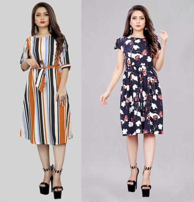 Hiral Creation Women Fit and Flare Multicolor Knee Length Dress