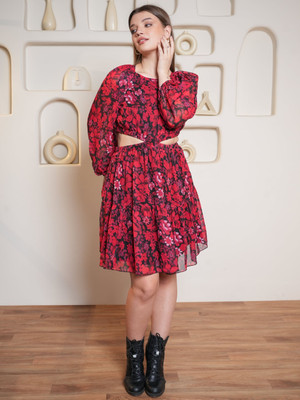 PURVAJA Women Fit and Flare Red Above Knee/Mid Thigh Length Dress