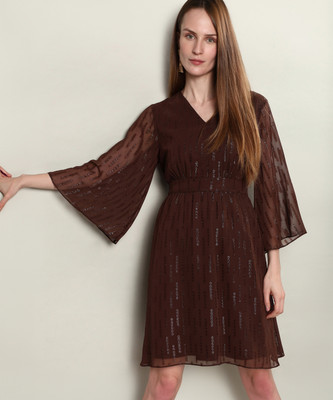 VERO MODA Women A-line Brown Above Knee/Mid Thigh Length Dress