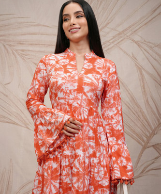Vishudh Women Fit and Flare Orange Midi/Calf Length Dress