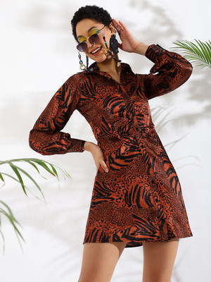 KASSUALLY Women Fit and Flare Brown Above Knee/Mid Thigh Length Dress