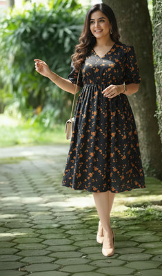 ROSEMELON Women A-line Black, Orange Knee Length Dress