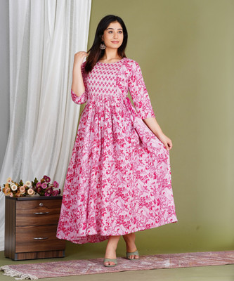Gujari Women Fit and Flare Pink Midi/Calf Length Dress