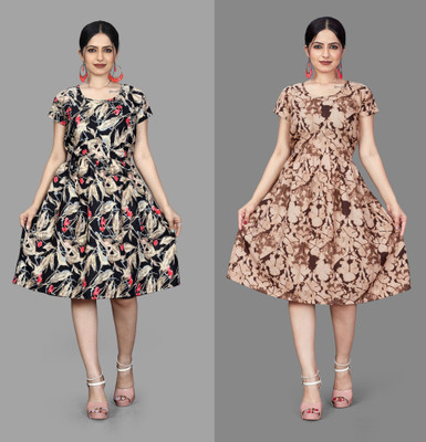 Madhave Women Fit and Flare Multicolor Below Knee Dress