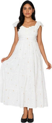 Kunj Icons Women Fit and Flare White Midi/Calf Length Dress