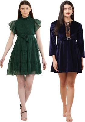 Hunoor Women Fit and Flare Blue, Dark Green Midi/Calf Length Dress