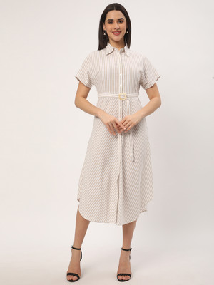 R&B Women A-line Beige, White Midi/Calf Length Dress