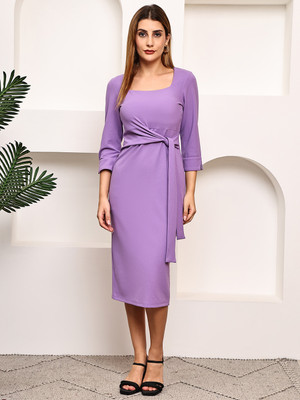 Jakanary Women Fit and Flare Purple Midi/Calf Length Dress