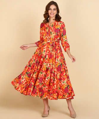Znx Clothing Women Fit and Flare Multicolor Midi/Calf Length Dress