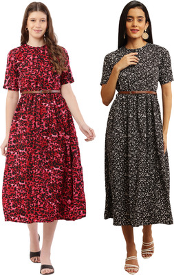 Miranga Women Fit and Flare Multicolor, Orange Below Knee Dress