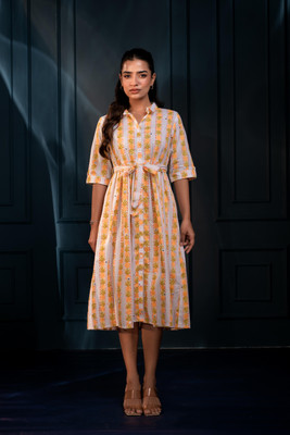 Juniper Women Fit and Flare Yellow Midi/Calf Length Dress