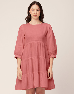moomaya Women Gathered Pink Above Knee/Mid Thigh Length Dress