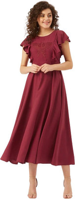 ladik way Women A-line Maroon Midi/Calf Length Dress