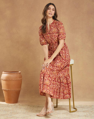 Fabindia Women A-line Red Midi/Calf Length Dress