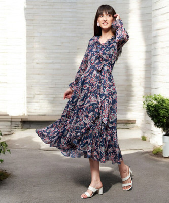 Miss Chase Women Maxi Dark Blue Midi/Calf Length Dress