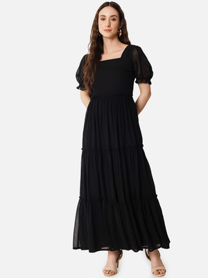 ALL WAYS YOU Women Gathered Black Maxi/Full Length Dress