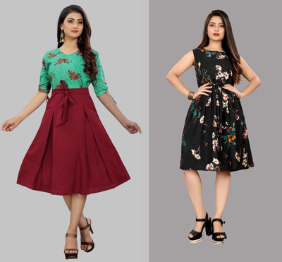 Hiral Creation Women Fit and Flare Maroon Knee Length Dress