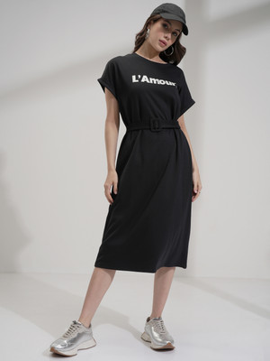 Tokyo Talkies Women Fit and Flare Black Midi/Calf Length Dress