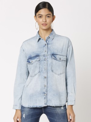 Spykar Women Solid Casual Blue Shirt