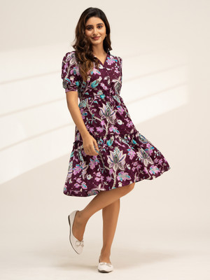 AASK Women Fit and Flare Purple Midi/Calf Length Dress