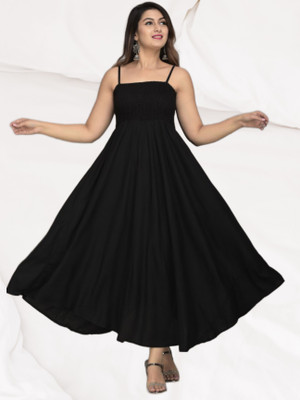 BuyUniqueFashion Women Fit and Flare Black Midi/Calf Length Dress