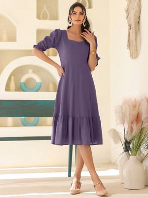 Janasya Women A-line Purple Midi/Calf Length Dress