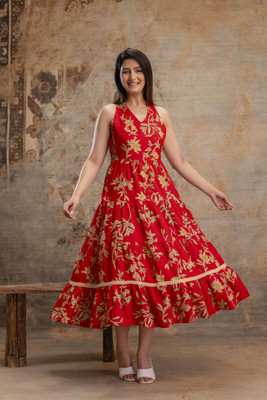 A&k Women A-line Red, Multicolor Midi/Calf Length Dress