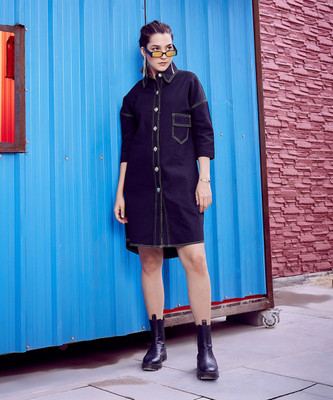 ATHENA Women Shirt Dark Blue Above Knee/Mid Thigh Length Dress